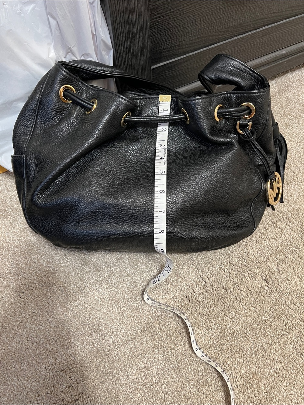 Michael Kors Black Pebbled Leather Drawstring Hobo with Gold MK Charm - Picture 10 of 11